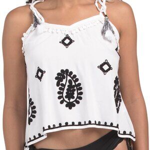 ELAN Embroidered White with Black Swim Cover Up Top NWT Sz Large